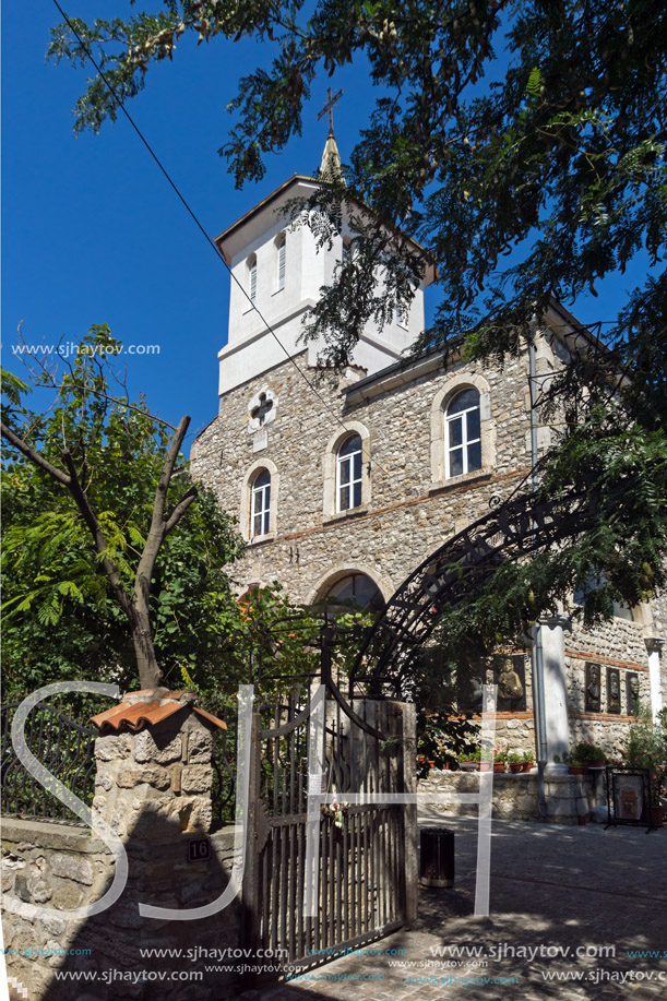 NESSEBAR, BULGARIA - AUGUST 12, 2018: Ruins of Church of Dormition of Theotokos in the town of Nessebar, Burgas Region, Bulgaria