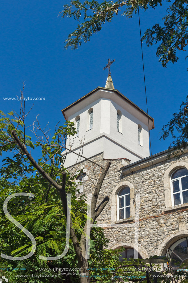 NESSEBAR, BULGARIA - AUGUST 12, 2018: Ruins of Church of Dormition of Theotokos in the town of Nessebar, Burgas Region, Bulgaria