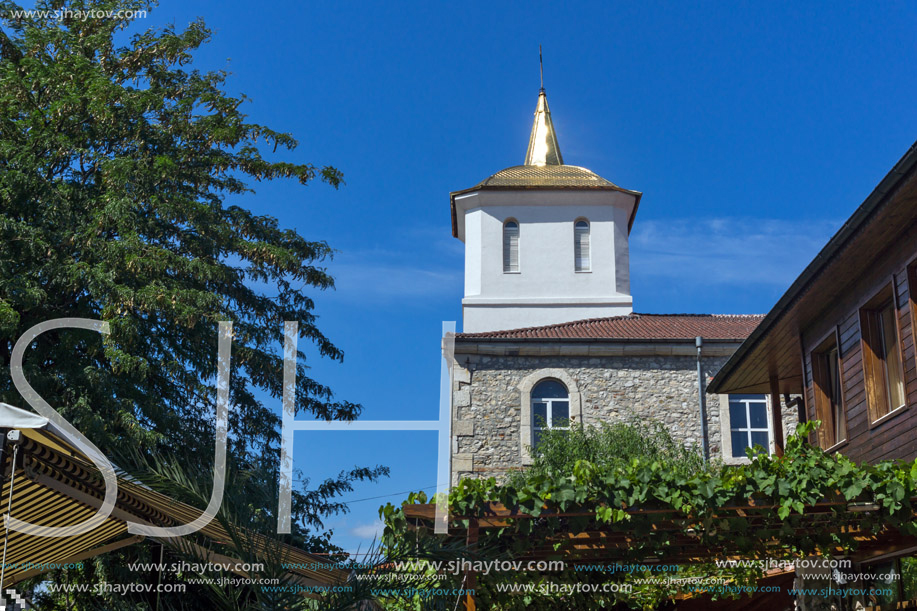 NESSEBAR, BULGARIA - AUGUST 12, 2018: Ruins of Church of Dormition of Theotokos in the town of Nessebar, Burgas Region, Bulgaria