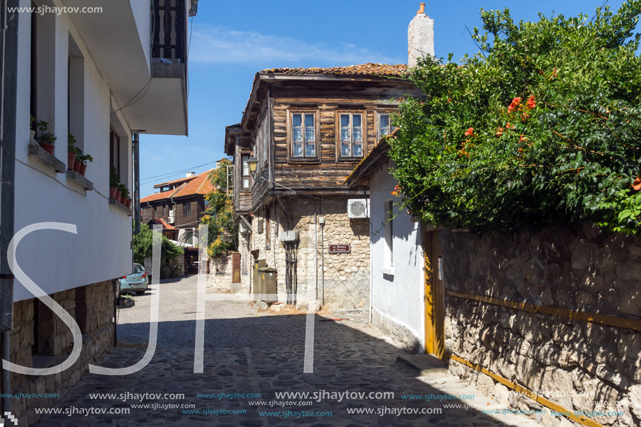 NESSEBAR, BULGARIA - AUGUST 12, 2018: Typical Street in old town of Nessebar, Burgas Region, Bulgaria