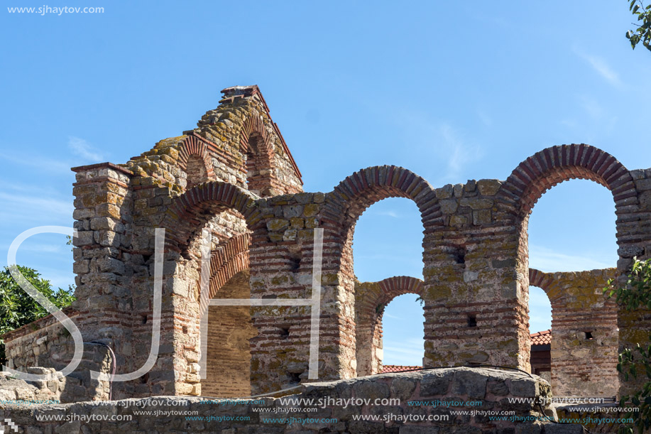 NESSEBAR, BULGARIA - AUGUST 12, 2018: Ruins of Ancient Church of Saint Sophia in the town of Nessebar, Burgas Region, Bulgaria