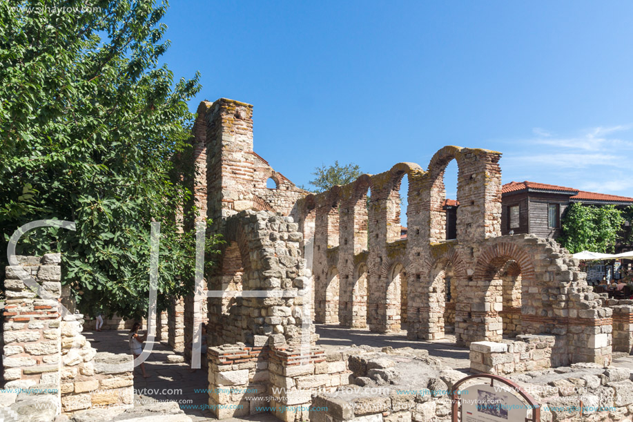 NESSEBAR, BULGARIA - AUGUST 12, 2018: Ruins of Ancient Church of Saint Sophia in the town of Nessebar, Burgas Region, Bulgaria