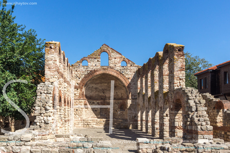 NESSEBAR, BULGARIA - AUGUST 12, 2018: Ruins of Ancient Church of Saint Sophia in the town of Nessebar, Burgas Region, Bulgaria