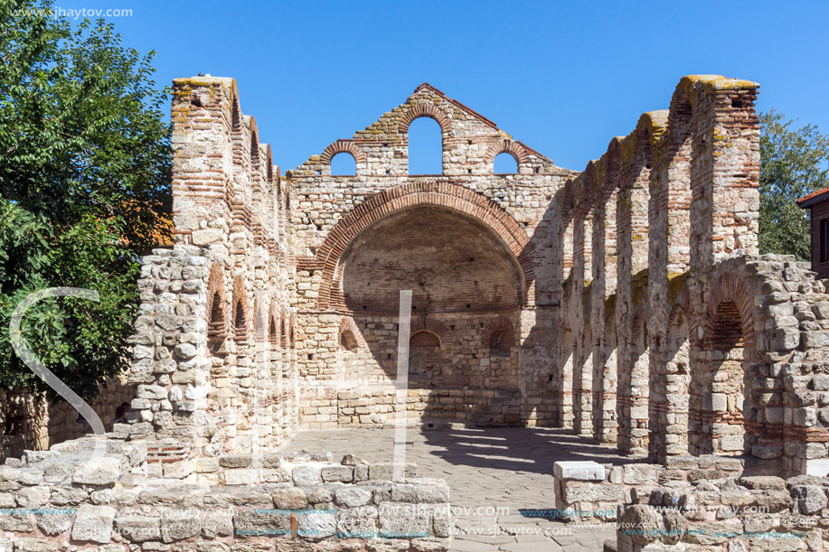 NESSEBAR, BULGARIA - AUGUST 12, 2018: Ruins of Ancient Church of Saint Sophia in the town of Nessebar, Burgas Region, Bulgaria