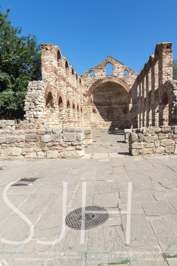 NESSEBAR, BULGARIA - AUGUST 12, 2018: Ruins of Ancient Church of Saint Sophia in the town of Nessebar, Burgas Region, Bulgaria