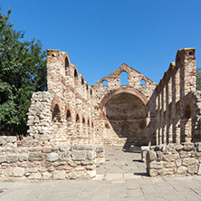 NESSEBAR, BULGARIA - AUGUST 12, 2018: Ruins of Ancient Church of Saint Sophia in the town of Nessebar, Burgas Region, Bulgaria