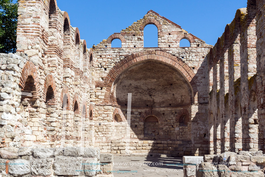 NESSEBAR, BULGARIA - AUGUST 12, 2018: Ruins of Ancient Church of Saint Sophia in the town of Nessebar, Burgas Region, Bulgaria