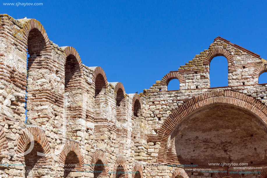 NESSEBAR, BULGARIA - AUGUST 12, 2018: Ruins of Ancient Church of Saint Sophia in the town of Nessebar, Burgas Region, Bulgaria