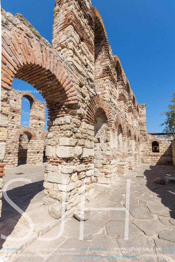 NESSEBAR, BULGARIA - AUGUST 12, 2018: Ruins of Ancient Church of Saint Sophia in the town of Nessebar, Burgas Region, Bulgaria