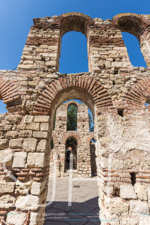 NESSEBAR, BULGARIA - AUGUST 12, 2018: Ruins of Ancient Church of Saint Sophia in the town of Nessebar, Burgas Region, Bulgaria