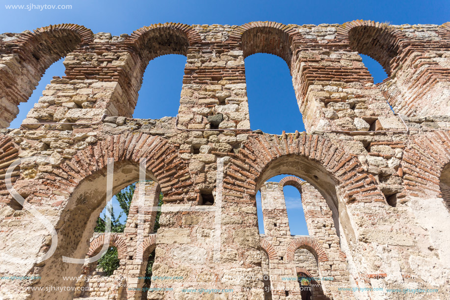 NESSEBAR, BULGARIA - AUGUST 12, 2018: Ruins of Ancient Church of Saint Sophia in the town of Nessebar, Burgas Region, Bulgaria