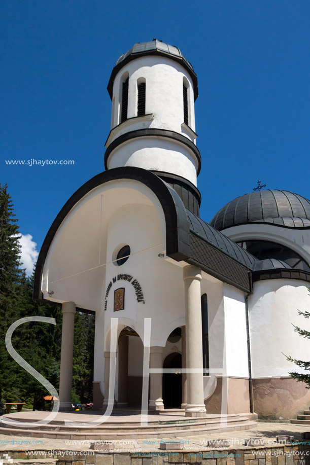 PAMPOROVO, BULGARIA - AUGUST 14, 2018: Church of Assumption of the Most Holy Mother in Ski resort Pamporovo in Rhodope, Mountains, Smolyan Region, Bulgaria