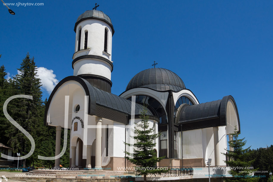 PAMPOROVO, BULGARIA - AUGUST 14, 2018: Church of Assumption of the Most Holy Mother in Ski resort Pamporovo in Rhodope, Mountains, Smolyan Region, Bulgaria