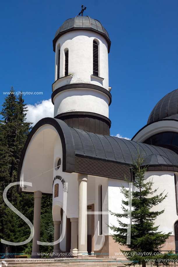 PAMPOROVO, BULGARIA - AUGUST 14, 2018: Church of Assumption of the Most Holy Mother in Ski resort Pamporovo in Rhodope, Mountains, Smolyan Region, Bulgaria