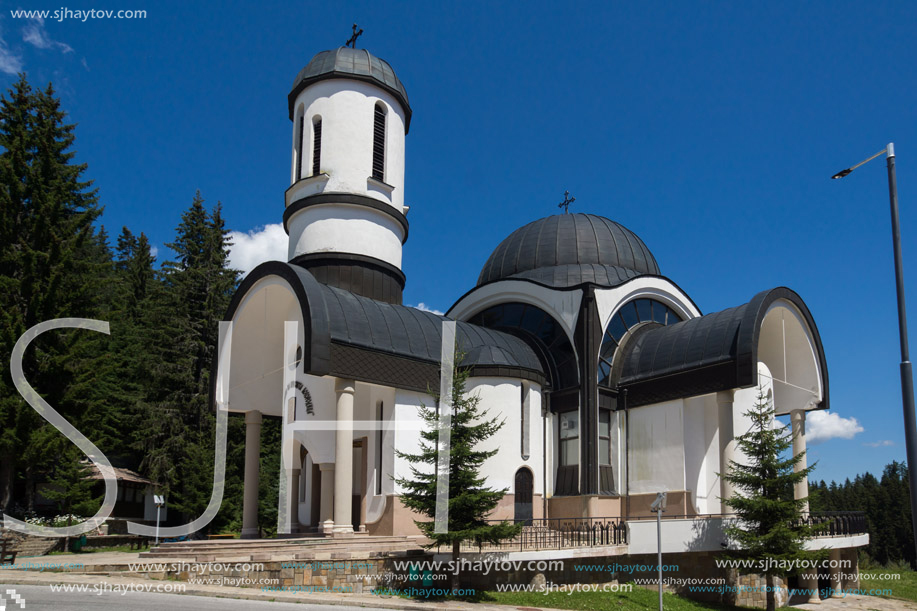 PAMPOROVO, BULGARIA - AUGUST 14, 2018: Church of Assumption of the Most Holy Mother in Ski resort Pamporovo in Rhodope, Mountains, Smolyan Region, Bulgaria