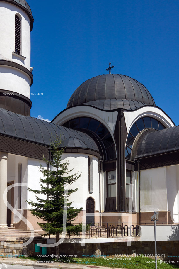 PAMPOROVO, BULGARIA - AUGUST 14, 2018: Church of Assumption of the Most Holy Mother in Ski resort Pamporovo in Rhodope, Mountains, Smolyan Region, Bulgaria