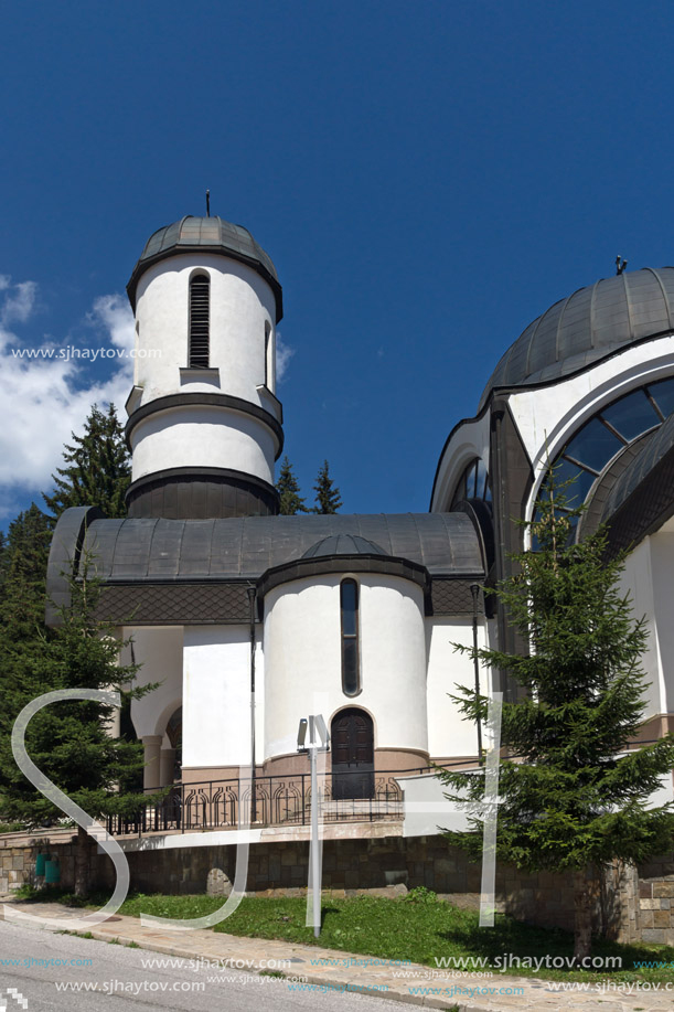 PAMPOROVO, BULGARIA - AUGUST 14, 2018: Church of Assumption of the Most Holy Mother in Ski resort Pamporovo in Rhodope, Mountains, Smolyan Region, Bulgaria