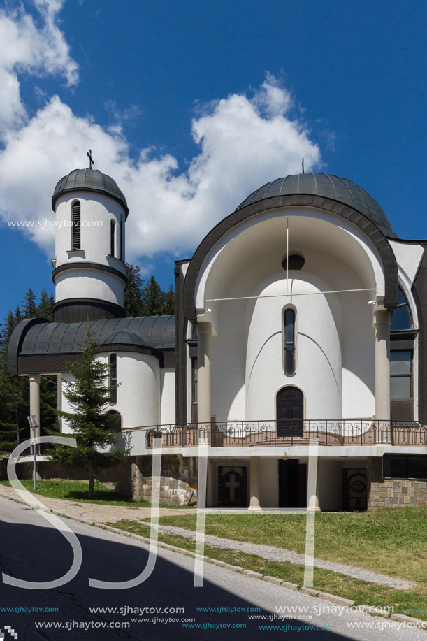 PAMPOROVO, BULGARIA - AUGUST 14, 2018: Church of Assumption of the Most Holy Mother in Ski resort Pamporovo in Rhodope, Mountains, Smolyan Region, Bulgaria