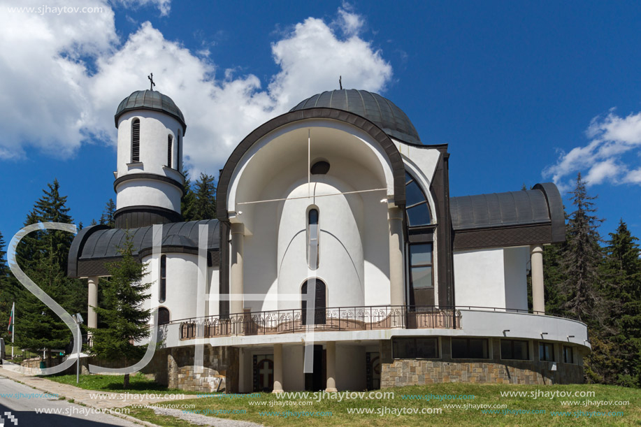 PAMPOROVO, BULGARIA - AUGUST 14, 2018: Church of Assumption of the Most Holy Mother in Ski resort Pamporovo in Rhodope, Mountains, Smolyan Region, Bulgaria