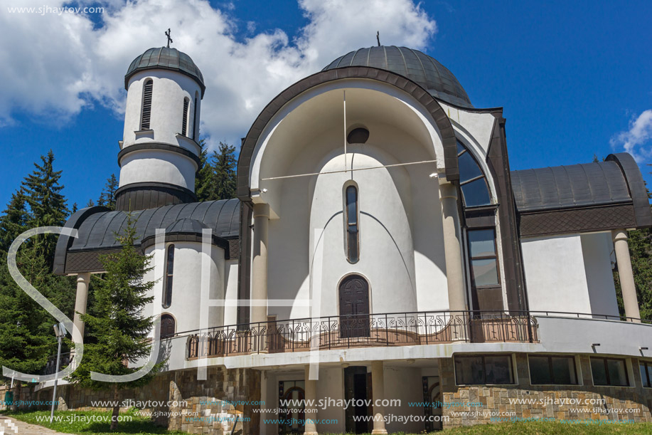 PAMPOROVO, BULGARIA - AUGUST 14, 2018: Church of Assumption of the Most Holy Mother in Ski resort Pamporovo in Rhodope, Mountains, Smolyan Region, Bulgaria