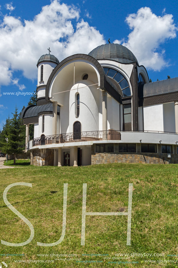 PAMPOROVO, BULGARIA - AUGUST 14, 2018: Church of Assumption of the Most Holy Mother in Ski resort Pamporovo in Rhodope, Mountains, Smolyan Region, Bulgaria