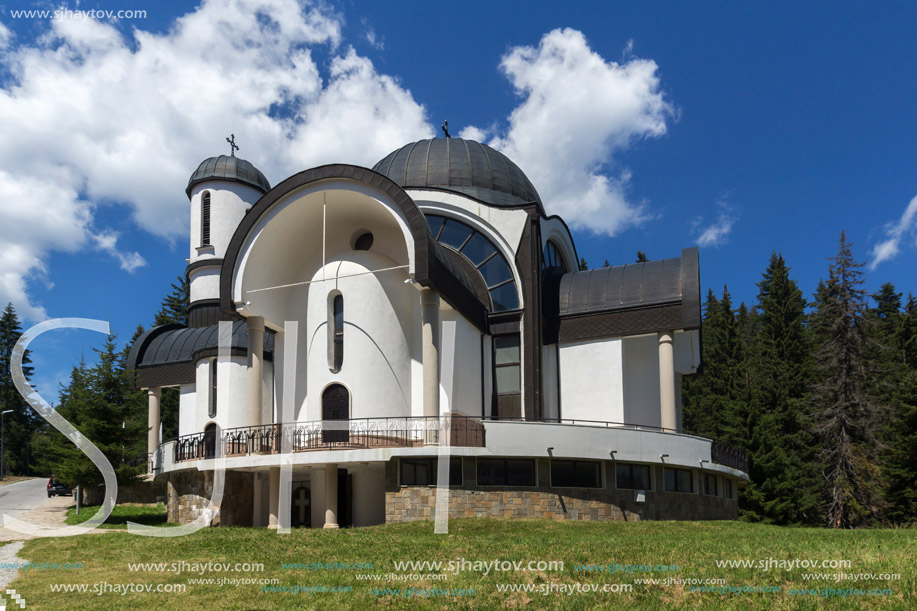 PAMPOROVO, BULGARIA - AUGUST 14, 2018: Church of Assumption of the Most Holy Mother in Ski resort Pamporovo in Rhodope, Mountains, Smolyan Region, Bulgaria