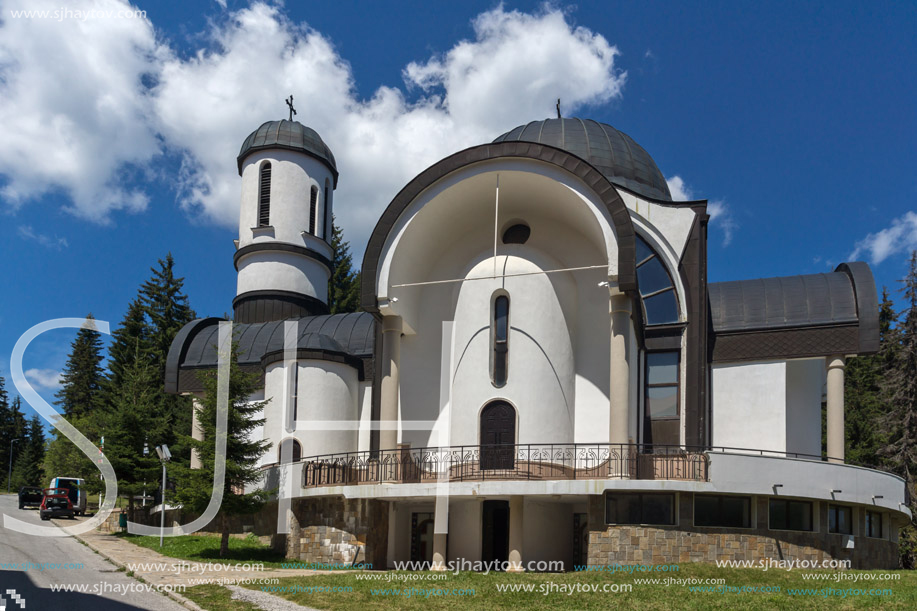 PAMPOROVO, BULGARIA - AUGUST 14, 2018: Church of Assumption of the Most Holy Mother in Ski resort Pamporovo in Rhodope, Mountains, Smolyan Region, Bulgaria