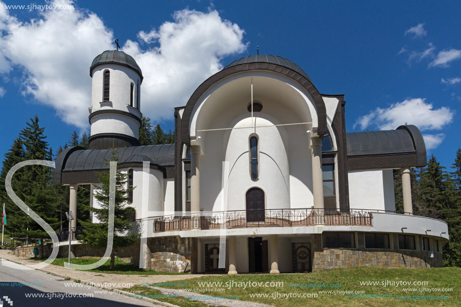 PAMPOROVO, BULGARIA - AUGUST 14, 2018: Church of Assumption of the Most Holy Mother in Ski resort Pamporovo in Rhodope, Mountains, Smolyan Region, Bulgaria