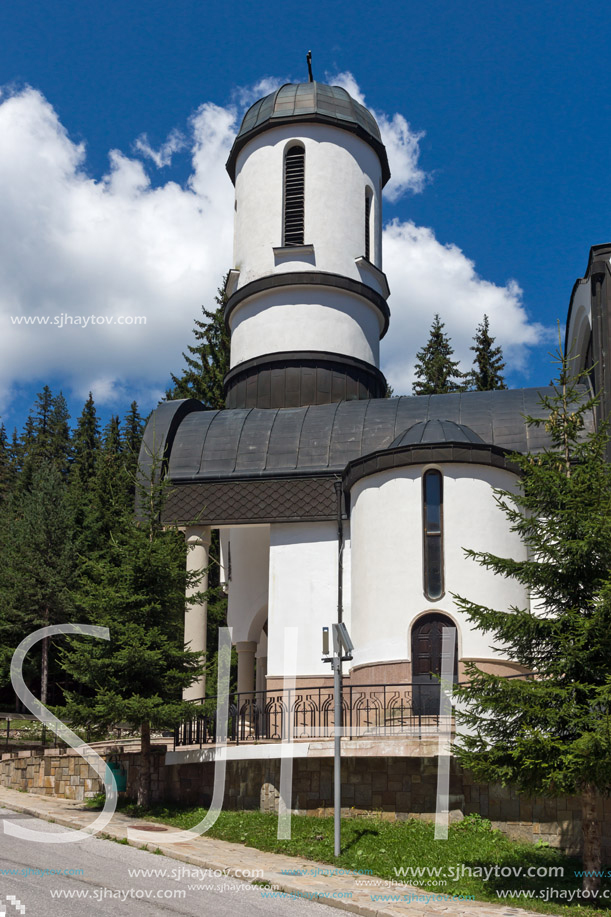 PAMPOROVO, BULGARIA - AUGUST 14, 2018: Church of Assumption of the Most Holy Mother in Ski resort Pamporovo in Rhodope, Mountains, Smolyan Region, Bulgaria