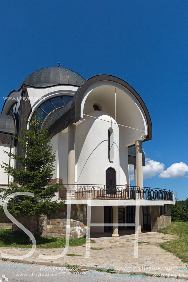 PAMPOROVO, BULGARIA - AUGUST 14, 2018: Church of Assumption of the Most Holy Mother in Ski resort Pamporovo in Rhodope, Mountains, Smolyan Region, Bulgaria