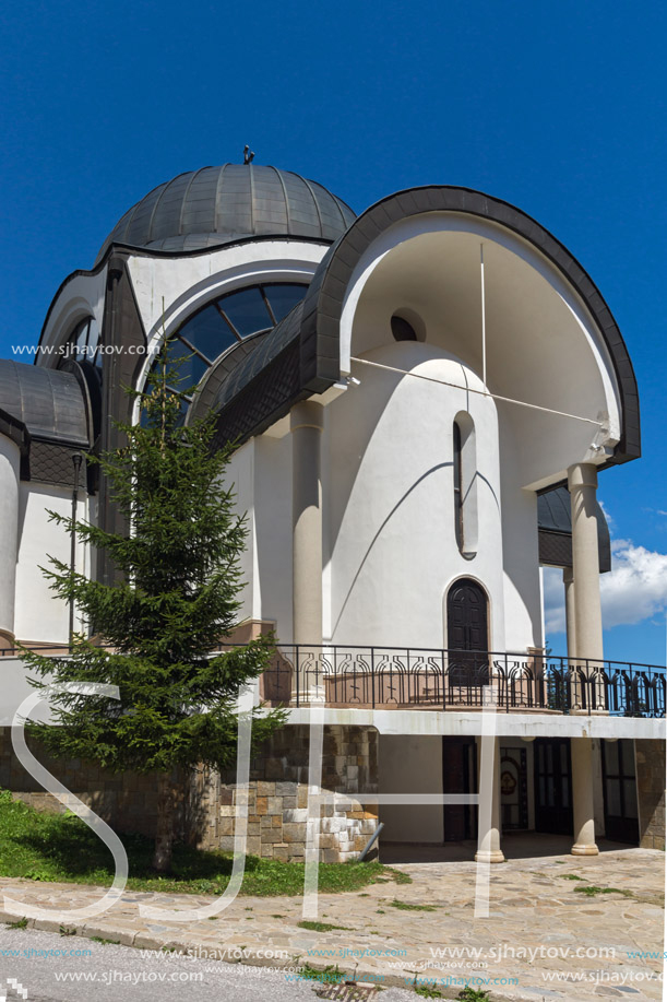 PAMPOROVO, BULGARIA - AUGUST 14, 2018: Church of Assumption of the Most Holy Mother in Ski resort Pamporovo in Rhodope, Mountains, Smolyan Region, Bulgaria