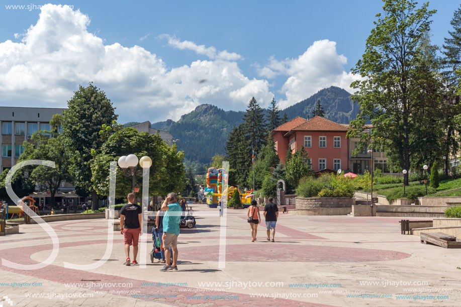 SMOLYAN, BULGARIA - AUGUST 14, 2018: Summer view of Old Center of the town of Smolyan, Bulgaria