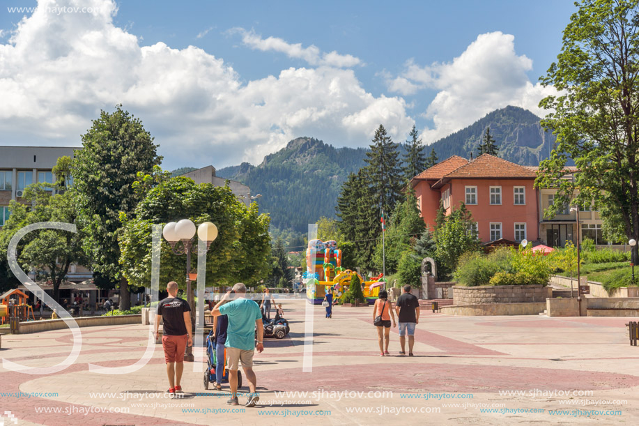 SMOLYAN, BULGARIA - AUGUST 14, 2018: Summer view of Old Center of the town of Smolyan, Bulgaria