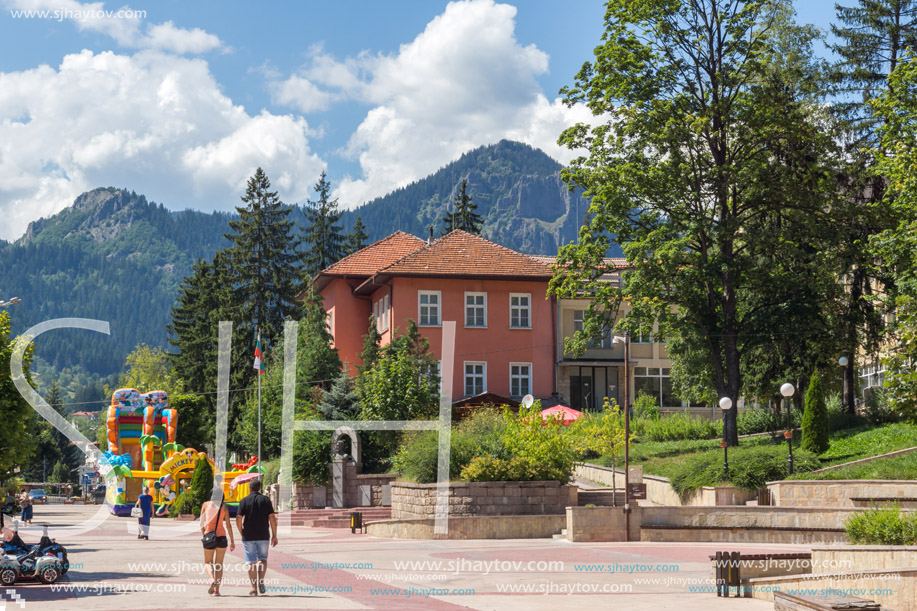 SMOLYAN, BULGARIA - AUGUST 14, 2018: Summer view of Old Center of the town of Smolyan, Bulgaria