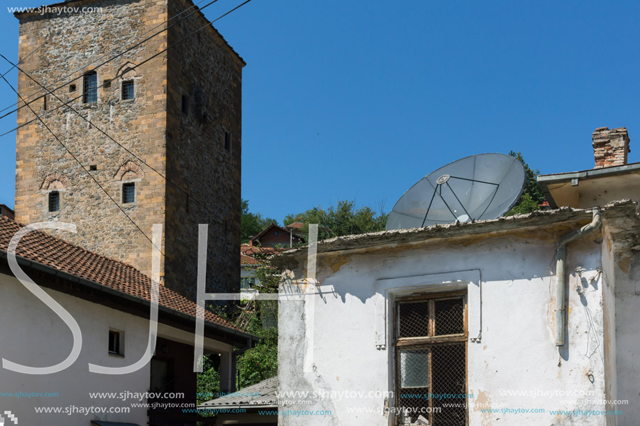 KRATOVO, MACEDONIA - JULY 21, 2018: Old Medieval Tower at the center of town of Kratovo, Republic of Macedonia