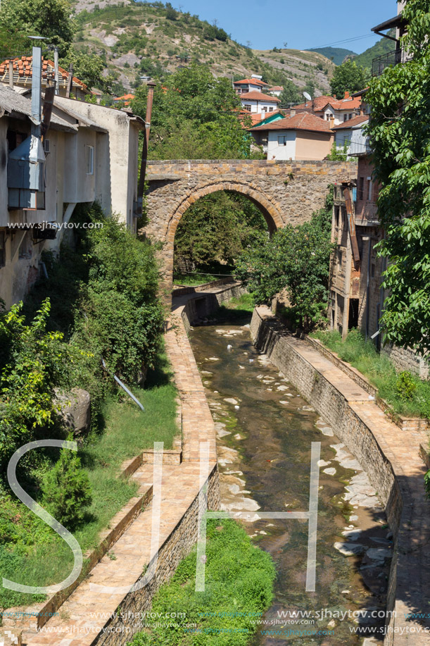 KRATOVO, MACEDONIA - JULY 21, 2018: Old Medieval Bridge at the center of town of Kratovo, Republic of Macedonia