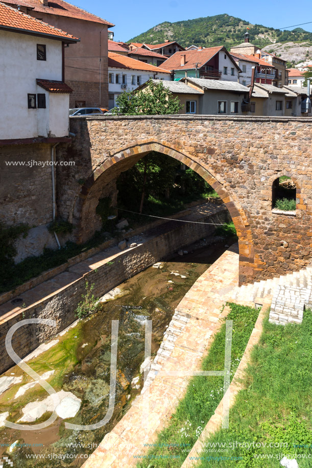 KRATOVO, MACEDONIA - JULY 21, 2018: Old Medieval Bridge at the center of town of Kratovo, Republic of Macedonia