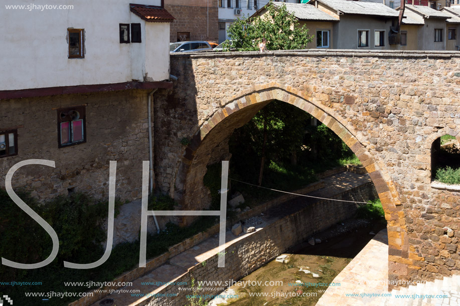 KRATOVO, MACEDONIA - JULY 21, 2018: Old Medieval Bridge at the center of town of Kratovo, Republic of Macedonia