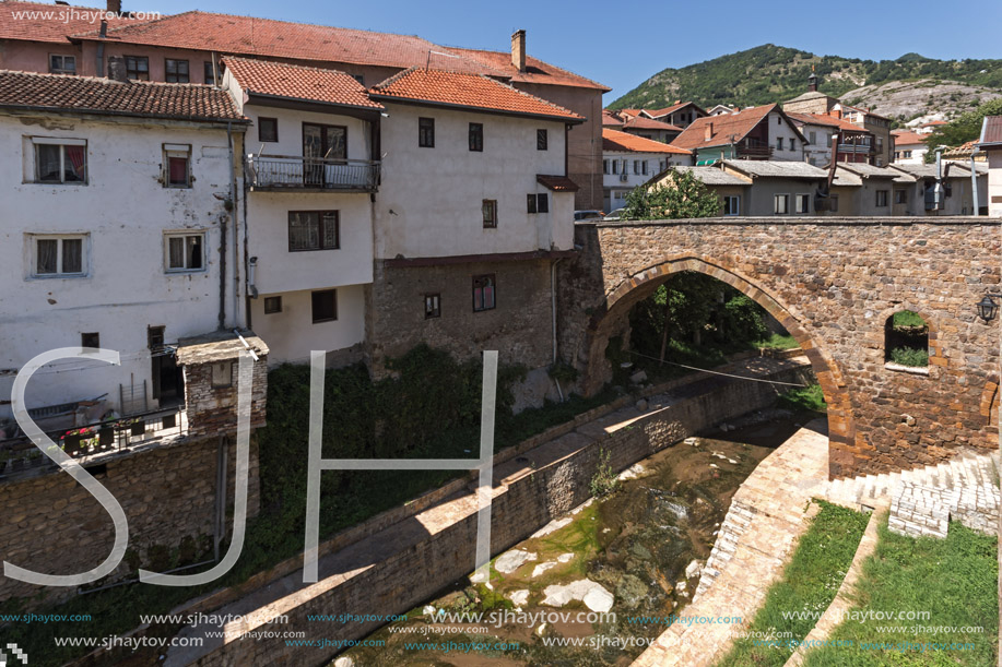 KRATOVO, MACEDONIA - JULY 21, 2018: Old Medieval Bridge at the center of town of Kratovo, Republic of Macedonia