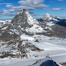 Amazing Winter view of mount Matterhorn covered with clouds, Canton of Valais, Alps, Switzerland