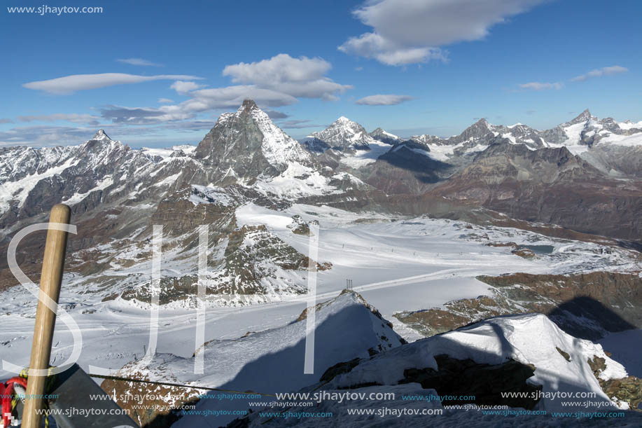 Amazing Winter view of mount Matterhorn covered with clouds, Canton of Valais, Alps, Switzerland