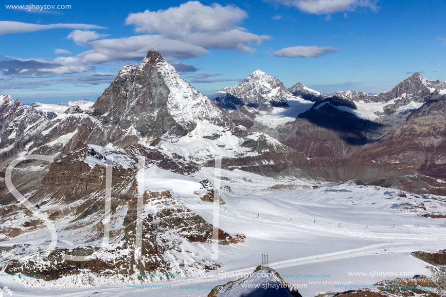 Amazing Winter view of mount Matterhorn covered with clouds, Canton of Valais, Alps, Switzerland