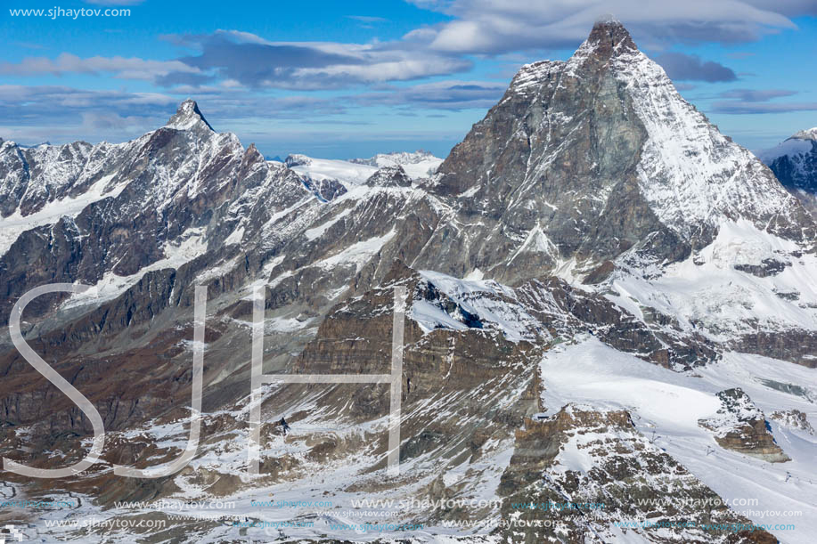 Amazing Winter view of mount Matterhorn covered with clouds, Canton of Valais, Alps, Switzerland