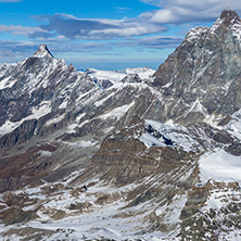 Amazing Winter view of mount Matterhorn covered with clouds, Canton of Valais, Alps, Switzerland