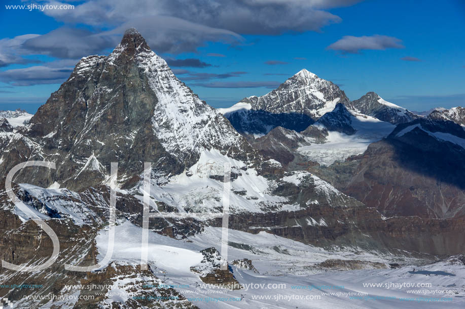 Amazing Winter view of mount Matterhorn covered with clouds, Canton of Valais, Alps, Switzerland