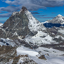 Amazing Winter view of mount Matterhorn covered with clouds, Canton of Valais, Alps, Switzerland