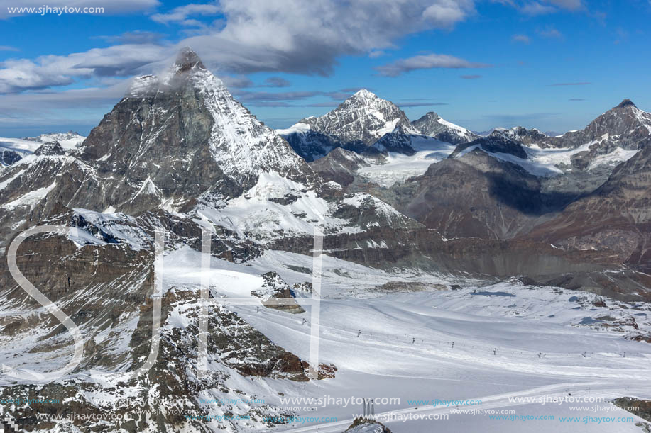 Amazing Winter view of mount Matterhorn covered with clouds, Canton of Valais, Alps, Switzerland