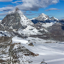 Amazing Winter view of mount Matterhorn covered with clouds, Canton of Valais, Alps, Switzerland