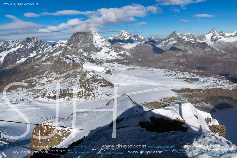 Amazing Winter view of mount Matterhorn covered with clouds, Canton of Valais, Alps, Switzerland