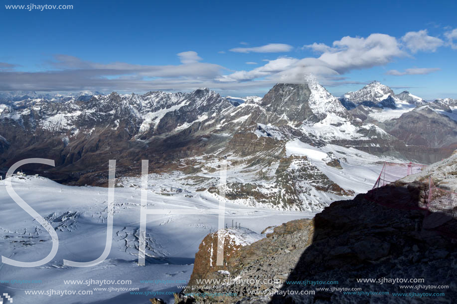 Amazing Winter view of mount Matterhorn covered with clouds, Canton of Valais, Alps, Switzerland